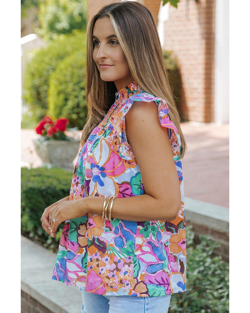 Azura Exchange Flutter Sleeves Smocked Neck Blouse with Floral Print - M
