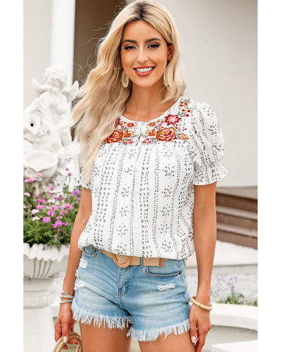 Azura Exchange Embroidered Ethnic Printed Crinkle Blouse - S