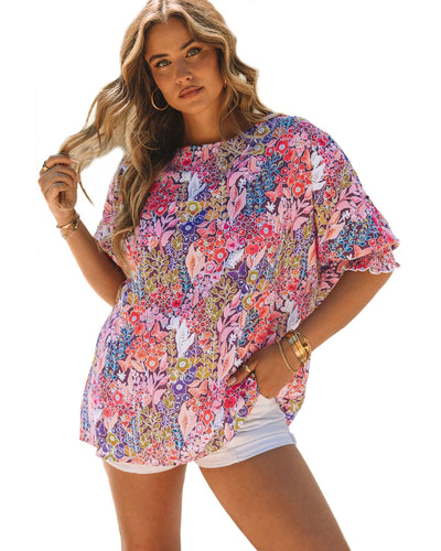 Azura Exchange Floral Print Shirred Sleeve Tunic Blouse - L