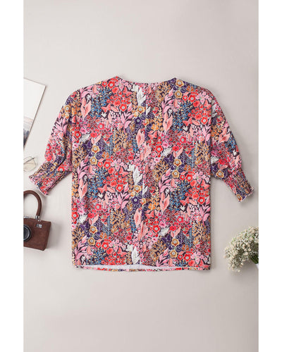 Azura Exchange Floral Print Shirred Sleeve Tunic Blouse - L