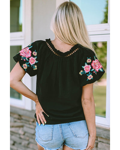 Azura Exchange Embroidered Bubble Sleeve Frill V Neck Top - L
