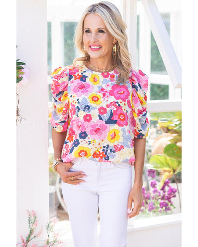 Azura Exchange Floral Ruched Puff Sleeve Blouse - L