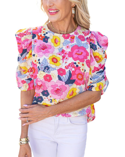 Azura Exchange Floral Ruched Puff Sleeve Blouse - L