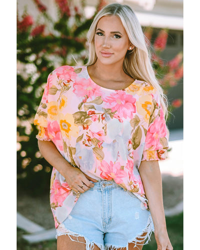 Azura Exchange Floral Blouse with Shirred Cuff Sleeves - M