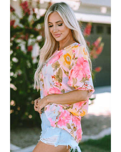 Azura Exchange Floral Blouse with Shirred Cuff Sleeves - M