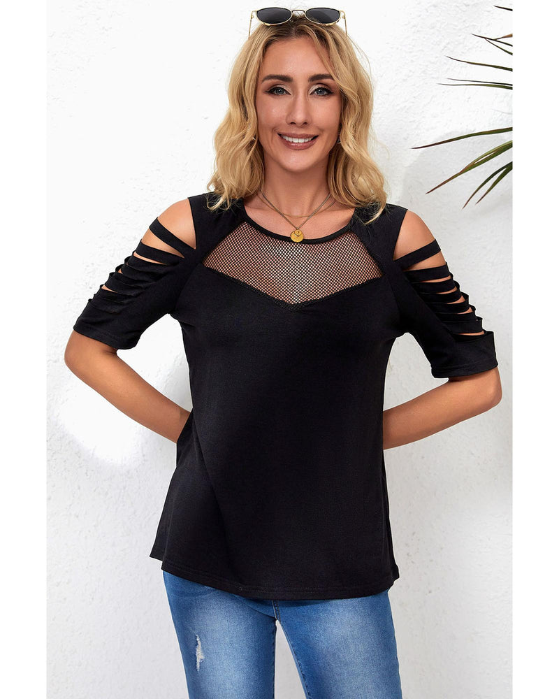 Azura Exchange Fishnet Splicing Cutout Shoulder Sleeve Top - M