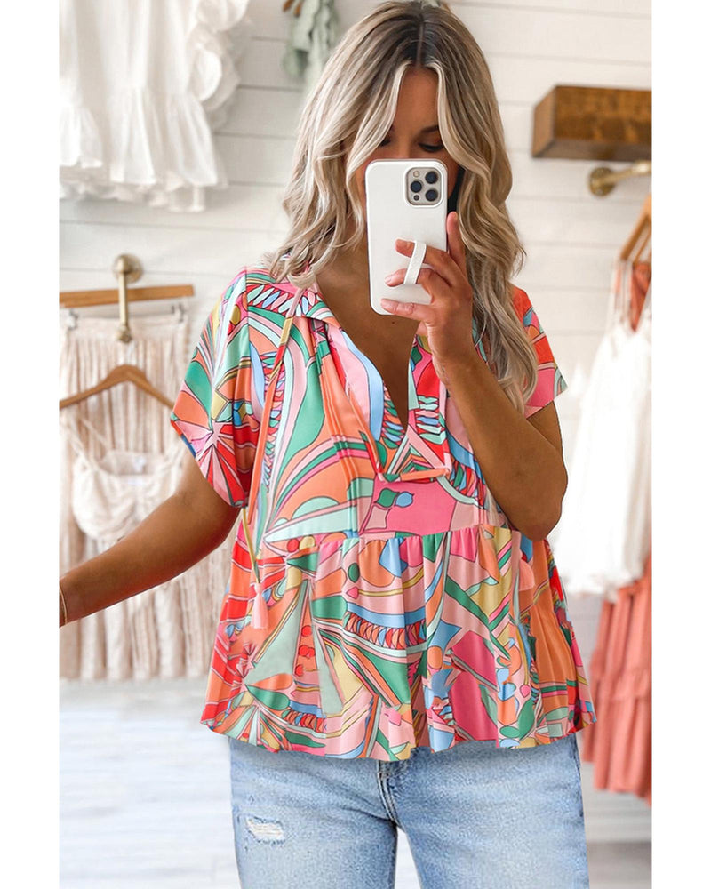 Azura Exchange Abstract Pattern Split V Neck Flowy Blouse - M