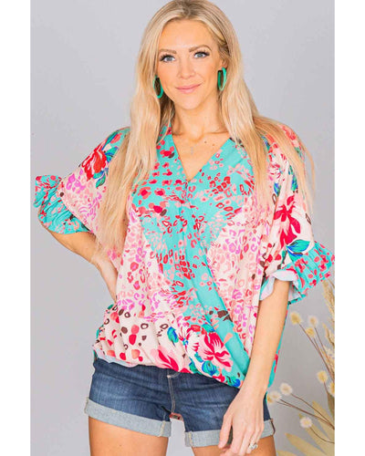 Azura Exchange Leopard Floral Mixed Print Ruffle Sleeve Blouse - M