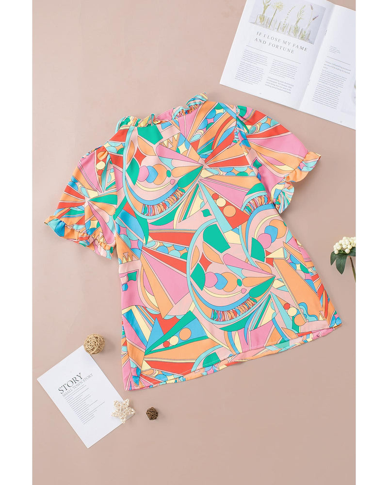 Azura Exchange Abstract Geometry Print Frilled V Neck Blouse - S