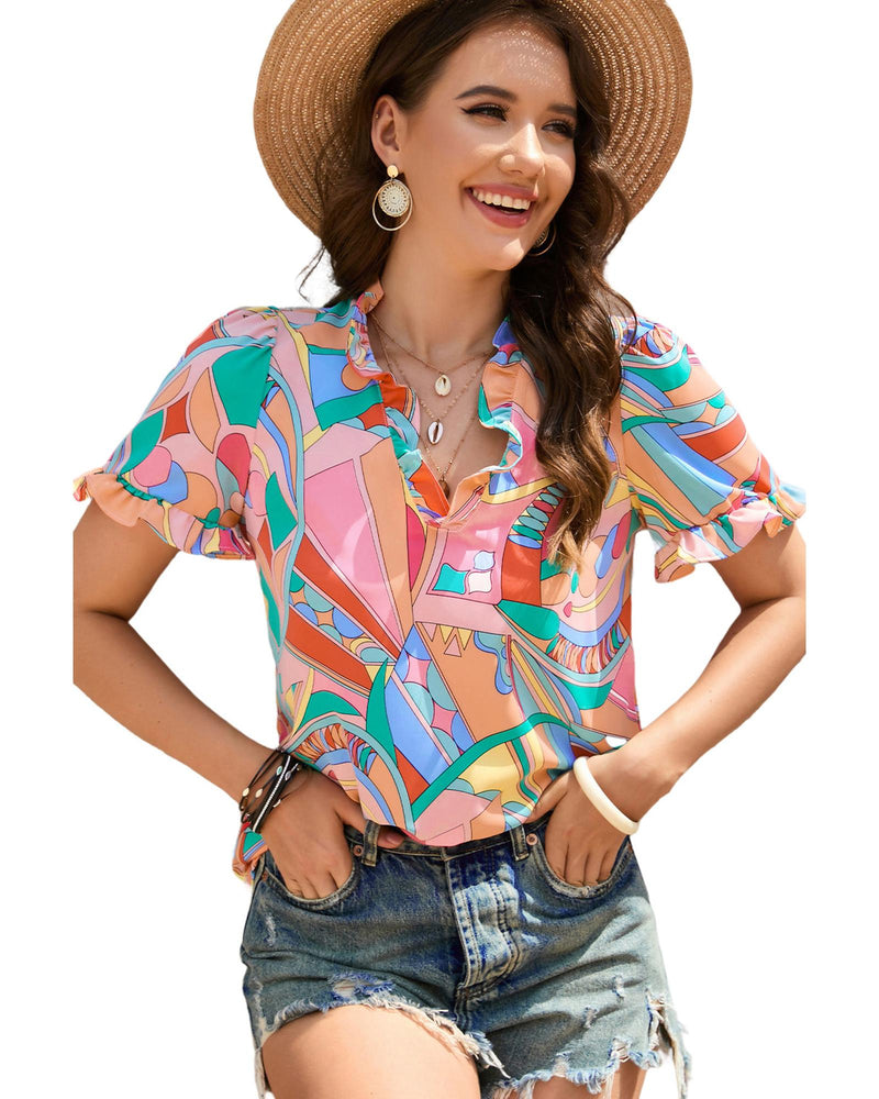 Azura Exchange Abstract Geometry Print Frilled V Neck Blouse - S