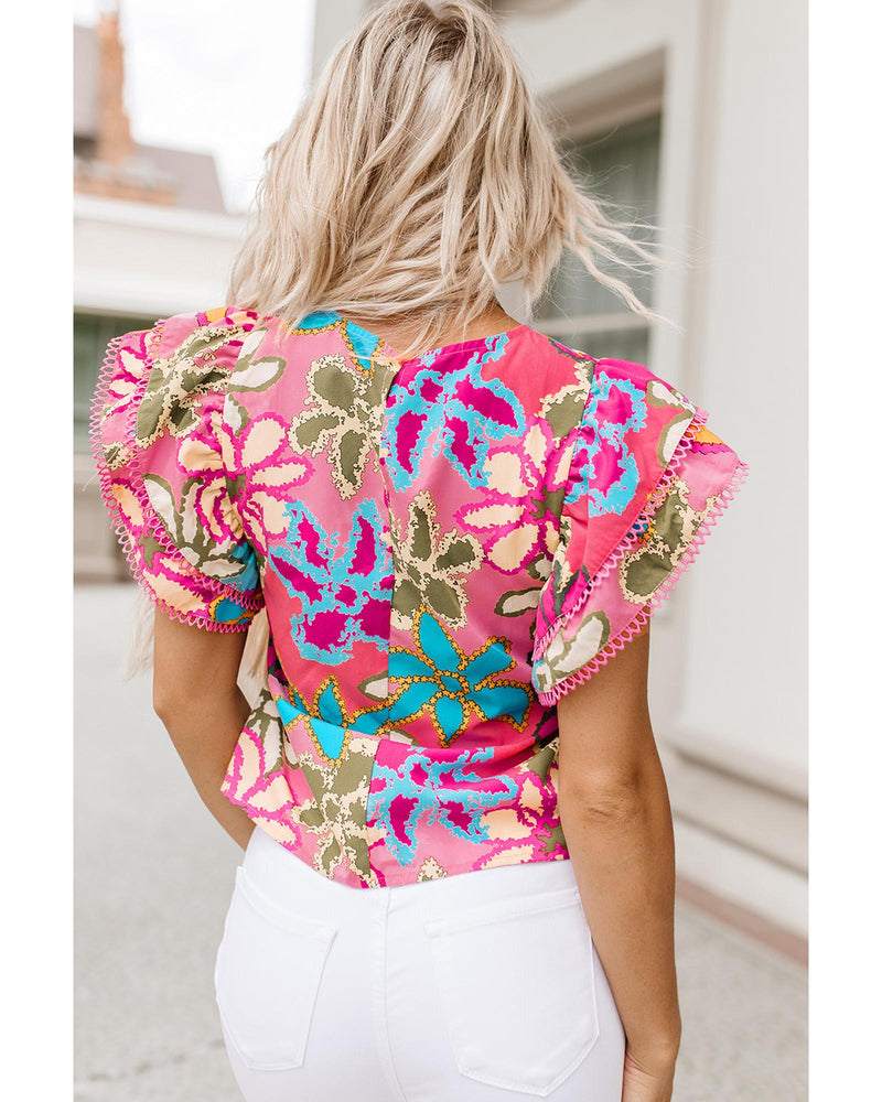 Azura Exchange Vibrant Floral Print Ruffle Sleeve Blouse - M