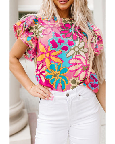 Azura Exchange Vibrant Floral Print Ruffle Sleeve Blouse - M