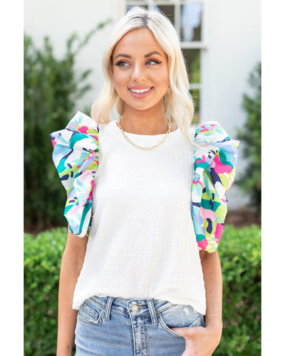 Azura Exchange Printed Puff Sleeve Textured Top - S