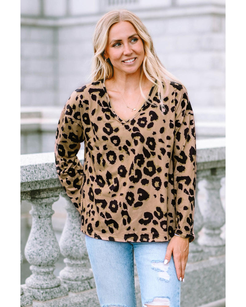 Azura Exchange Leopard Print V Neck Long Sleeve Top - L