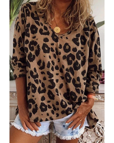 Azura Exchange Leopard Print V Neck Long Sleeve Top - XL