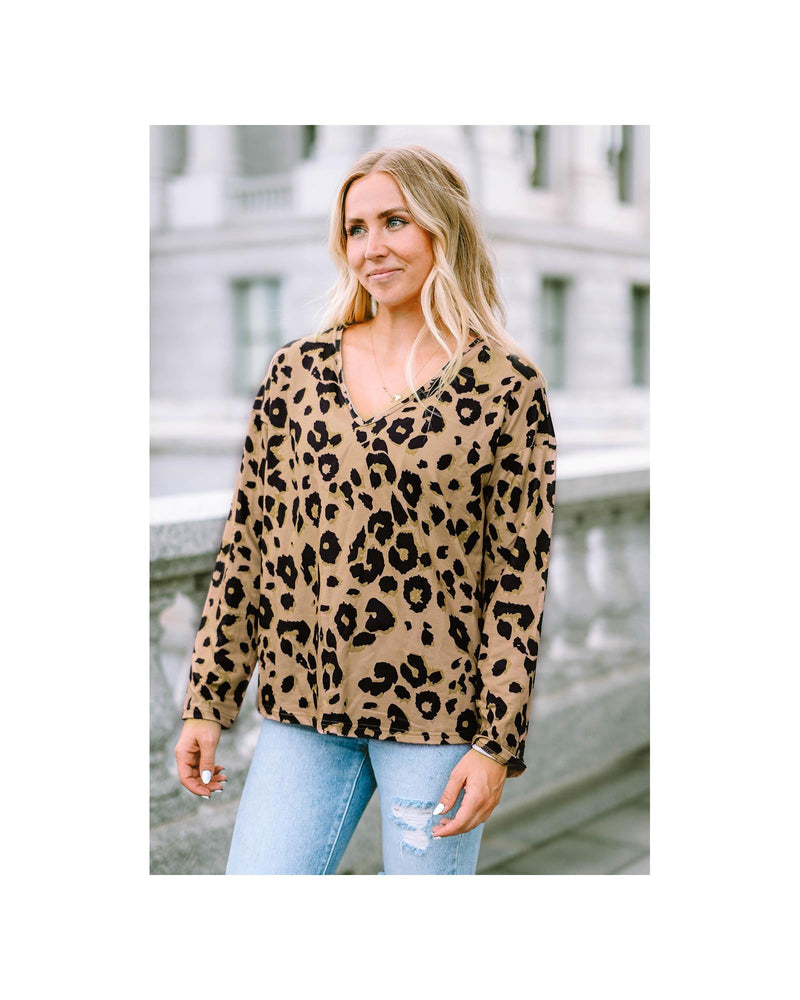 Azura Exchange Leopard Print V Neck Long Sleeve Top - XL