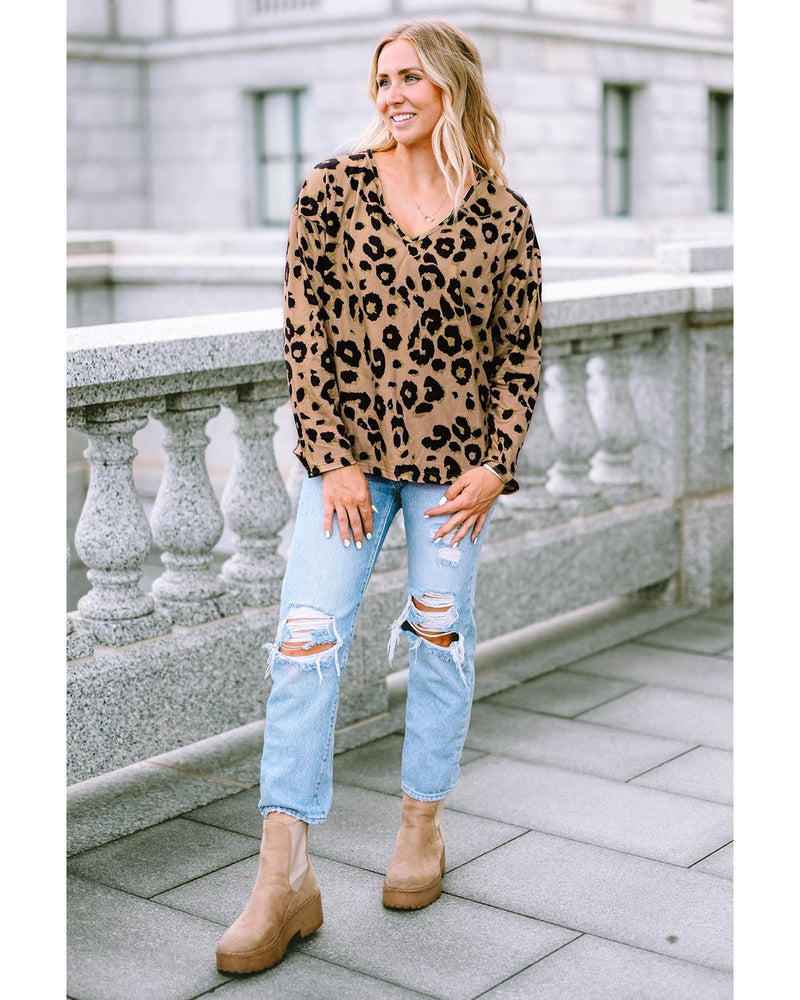 Azura Exchange Leopard Print V Neck Long Sleeve Top - XL