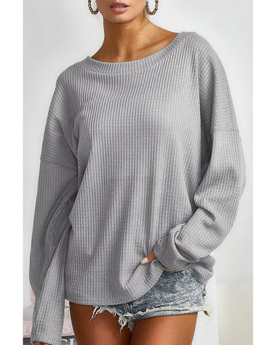 Azura Exchange Gray V Cut Drawstring Back Waffle Knit Top - XL