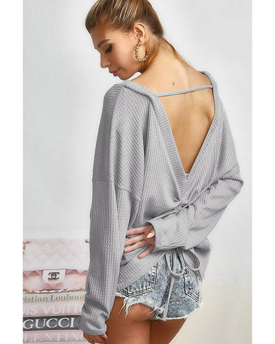 Azura Exchange Gray V Cut Drawstring Back Waffle Knit Top - XL