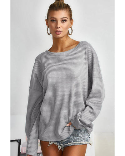 Azura Exchange Gray V Cut Drawstring Back Waffle Knit Top - XL