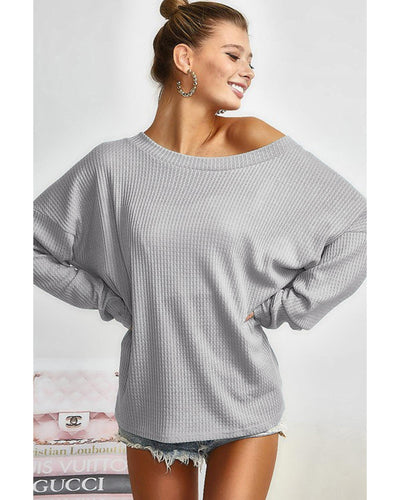 Azura Exchange Gray V Cut Drawstring Back Waffle Knit Top - XL