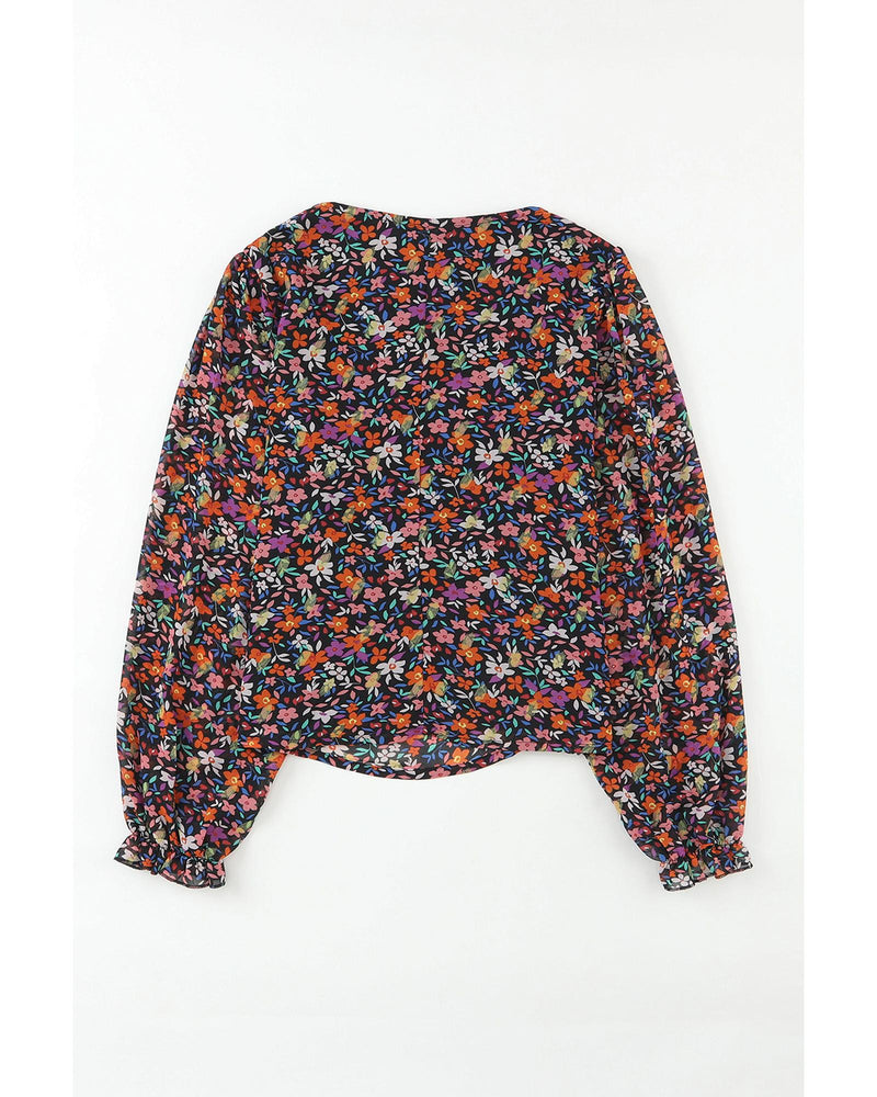 Azura Exchange V Neck Bubble Sleeve Floral Blouse - M