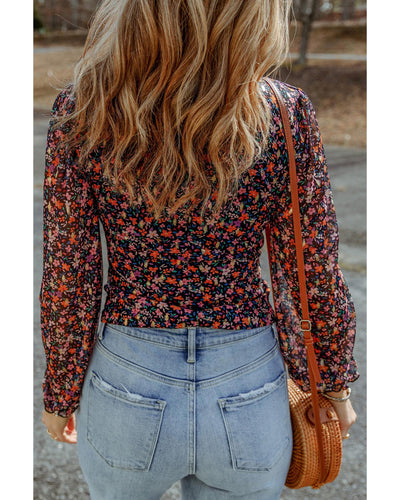 Azura Exchange V Neck Bubble Sleeve Floral Blouse - M