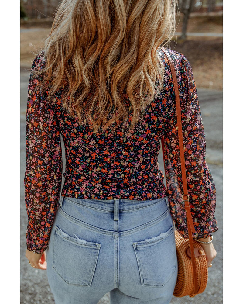 Azura Exchange V Neck Bubble Sleeve Floral Blouse - M