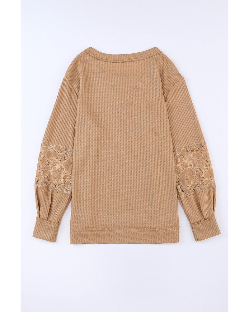 Azura Exchange Lace Waffle Patchwork Strappy V Neck Long Sleeve Top - M