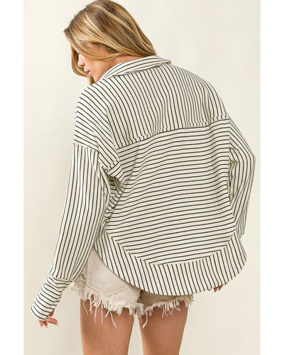 Azura Exchange Striped Thumbhole Drop Shoulder V Neck Top - S