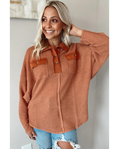 Azura Exchange Button Contrast Trim Waffle Knit Top - S