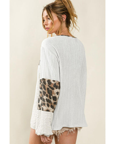 Azura Exchange Leopard Patch Puff Sleeve Textured Blouse - L