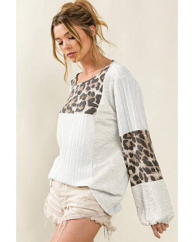 Azura Exchange Leopard Patch Puff Sleeve Textured Blouse - L