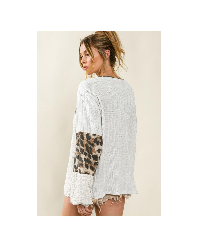 Azura Exchange Leopard Patch Puff Sleeve Textured Blouse - L