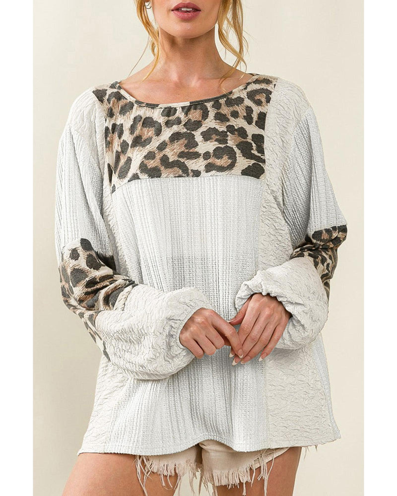 Azura Exchange Leopard Patch Puff Sleeve Textured Blouse - S