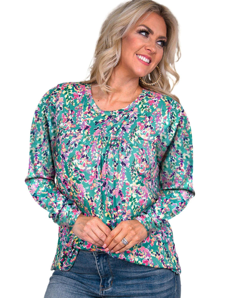 Azura Exchange Elegant Floral Print Long Sleeve Blouse - L