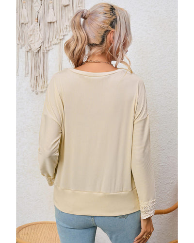 Azura Exchange Lace Trim V Neck Long Sleeve Top - L