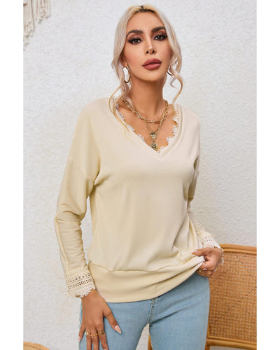 Azura Exchange Lace Trim V Neck Long Sleeve Top - M