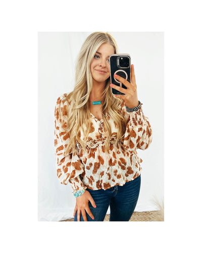 Azura Exchange Leopard Jacquard Puff Sleeve Peplum Blouse - L