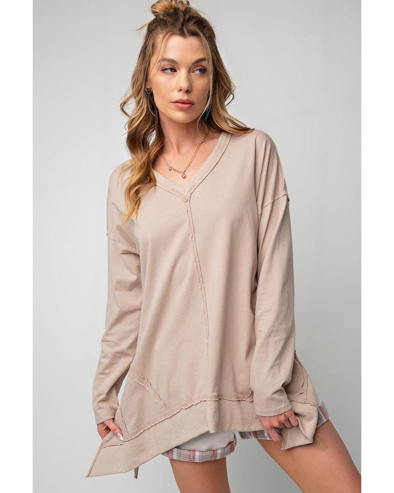 Apricot Exposed Seam V Neck Split Hem Tunic Top - L