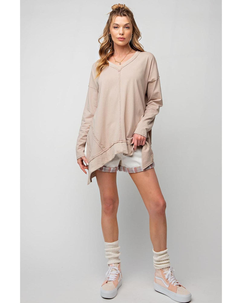 Apricot Exposed Seam V Neck Split Hem Tunic Top - L