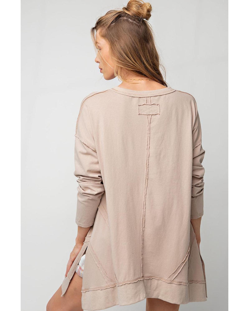 Apricot Exposed Seam V Neck Split Hem Tunic Top - L