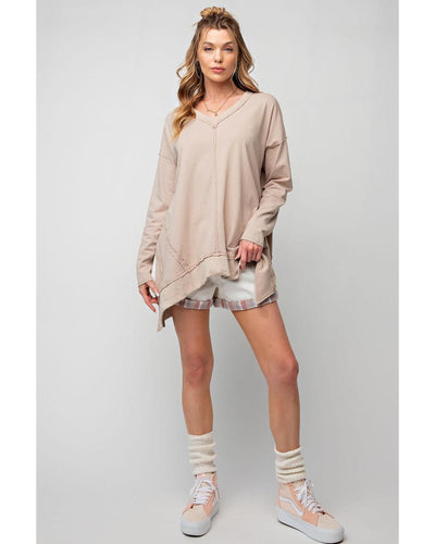 Apricot Exposed Seam V Neck Split Hem Tunic Top - M
