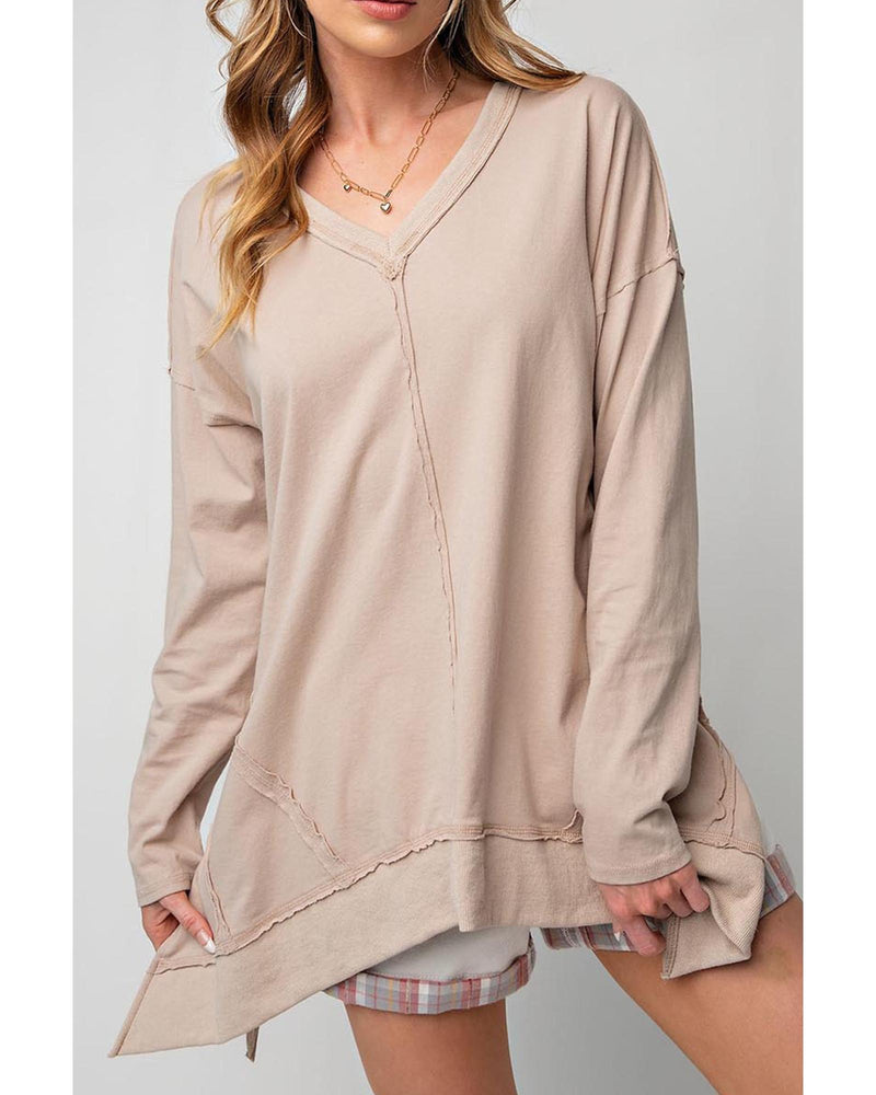 Apricot Exposed Seam V Neck Split Hem Tunic Top - M