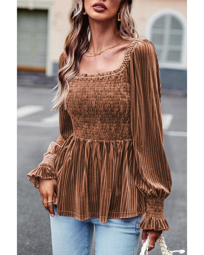 Chestnut Smocked Ribbed Velvet Babydoll Top - M