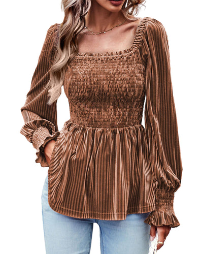 Chestnut Smocked Ribbed Velvet Babydoll Top - M