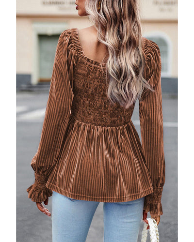 Chestnut Smocked Ribbed Velvet Babydoll Top - M