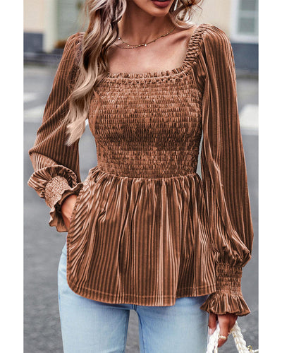 Chestnut Smocked Ribbed Velvet Babydoll Top - M
