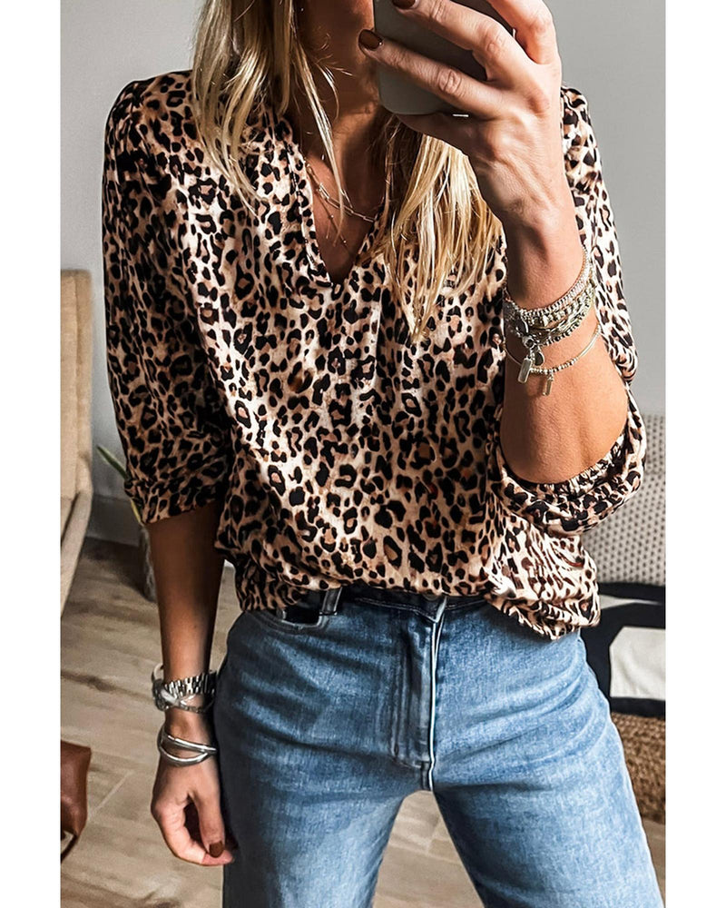 Apricot Leopard V Neck Half Sleeve Blouse - M