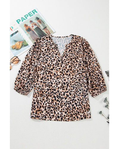 Apricot Leopard V Neck Half Sleeve Blouse - M